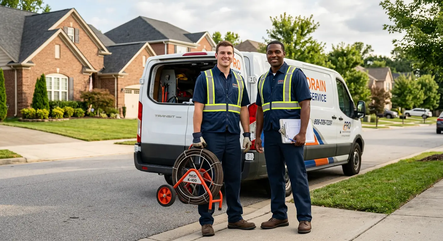 Sewer and drain service team with equipment ready for work in Belle Haven