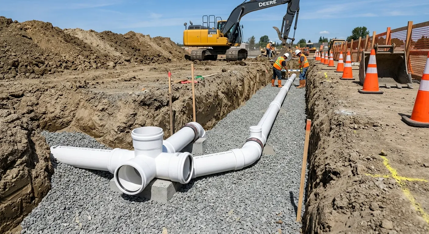 New PVC sewer pipe installation in open trench for Commercial Drain Cleaning in Belle Haven