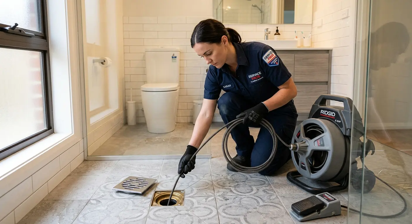 Technician clearing a bathroom floor drain for Hydro Jetting in Belle Haven